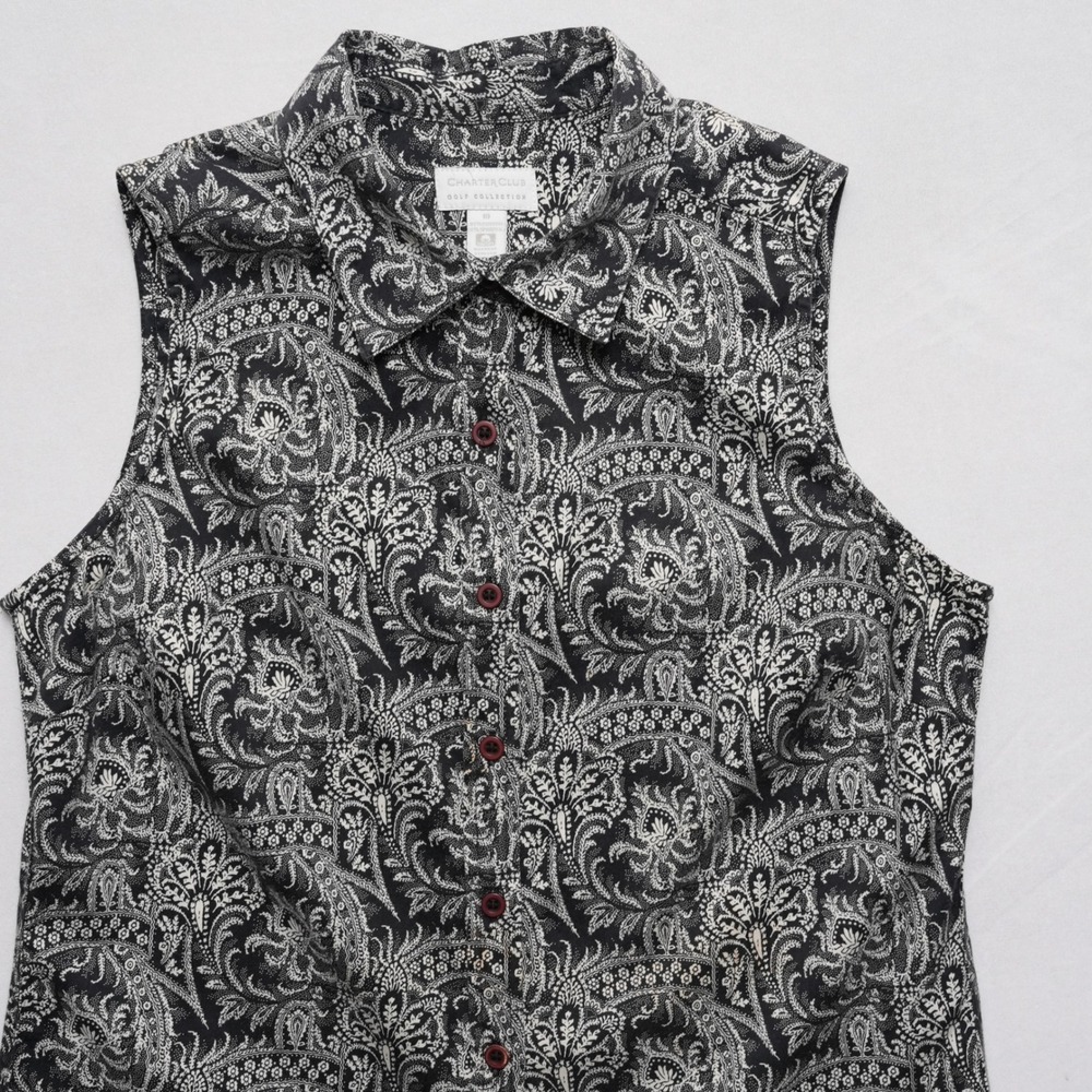 Charter Club Golf Collection Sleeveless Womens Size 10 Black White Paisley Top - Picture 3 of 14